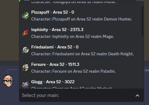 Casual Friday Mythic+ Group Finder Discord Bot Character List Screenshot