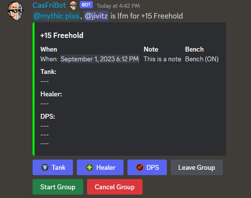 Casual Friday Mythic+ Group Finder Discord Bot Post Example